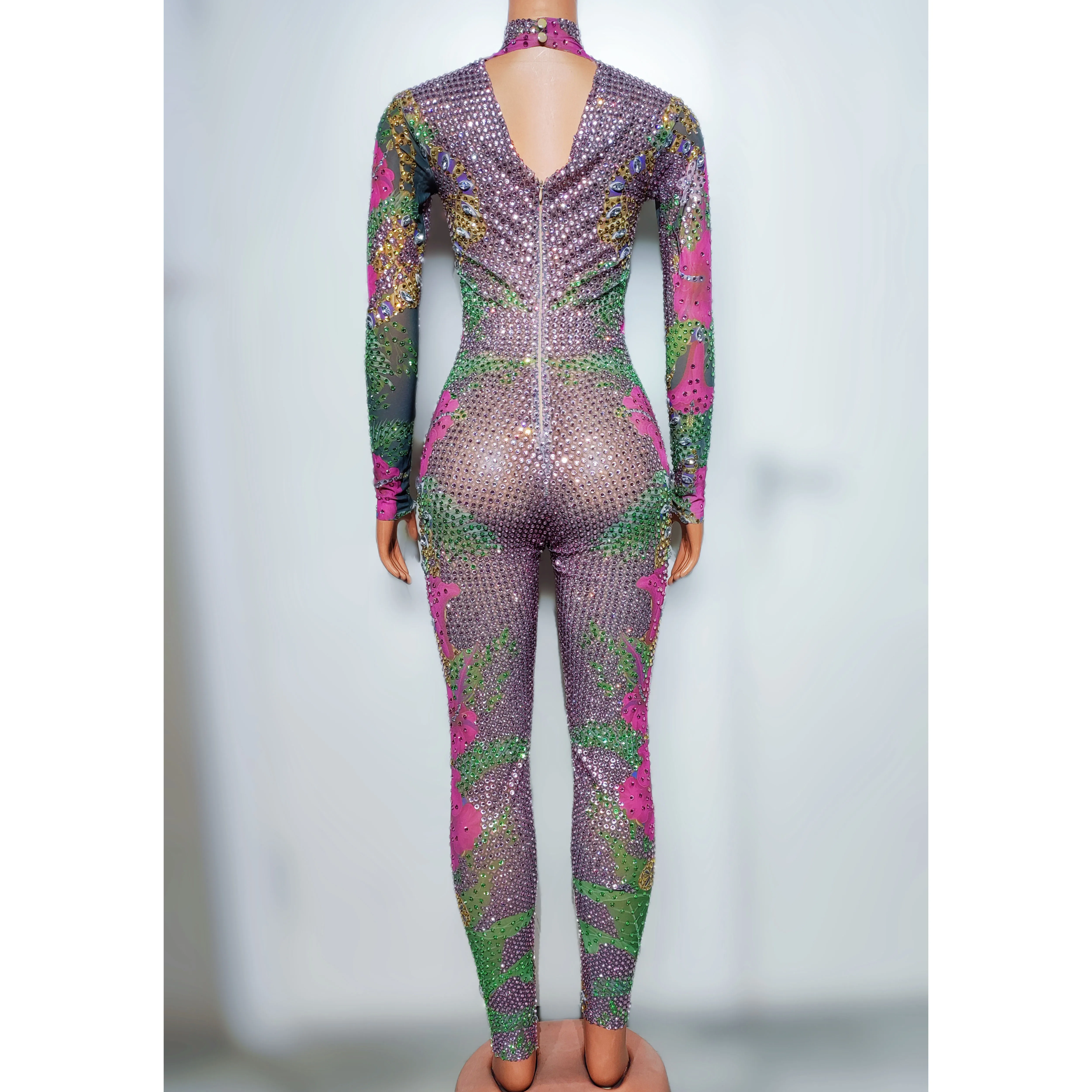 Full Diamond Printed Perspective Mesh Sexy Jumpsuit Bar DJ Nightclub Female Singer Dance Team Stage Clothing Party Theme Show