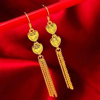 AU999 love tassel earrings 24K gold women double love long earrings for girlfriend wedding jewelry gift