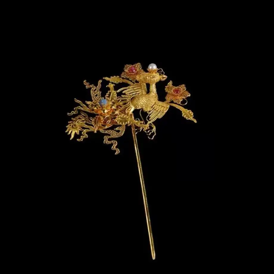 Bronze Gold-plated Bride Show Hanfu Headwear Danfeng Qi Fei Phoenix Hairpin Tired Silk Phoenix Body Phoenix Head Antique Walk