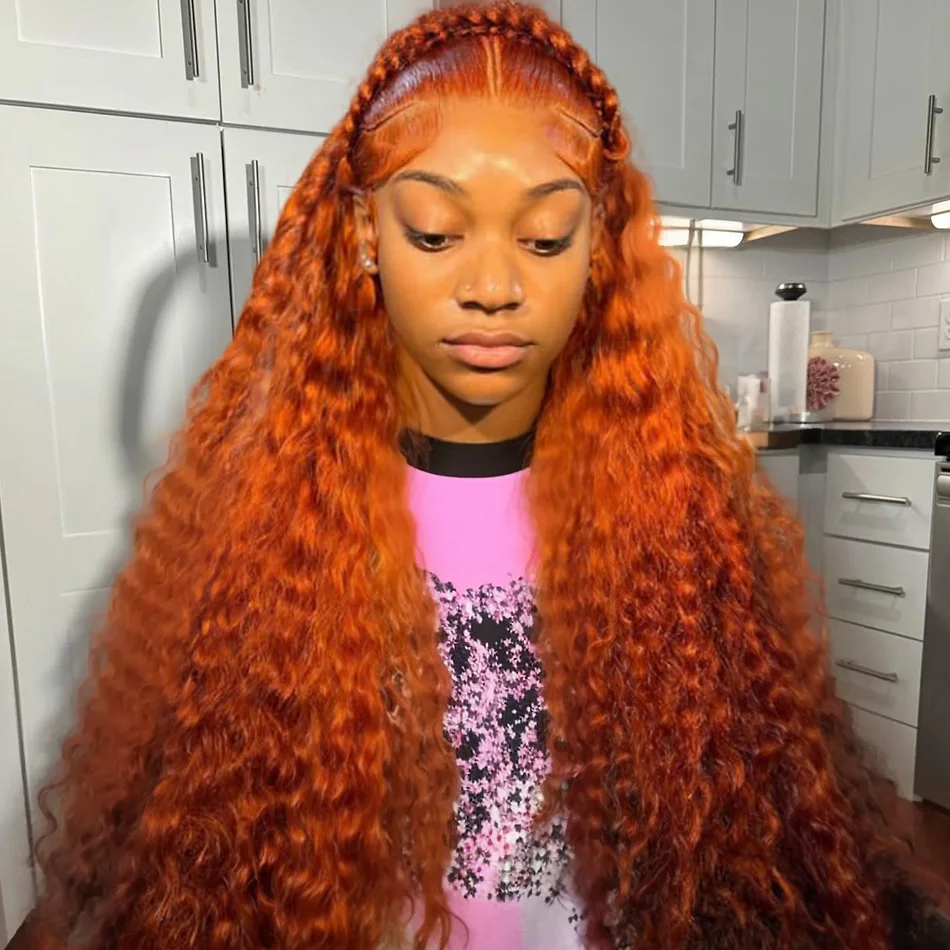 

250 Density Transparent HD Human Hair Wig Water Wave 40 Inch Orange Ginger 13x4 Deep Wave Lace Front 350 13x6 Lace Frontal Wigs