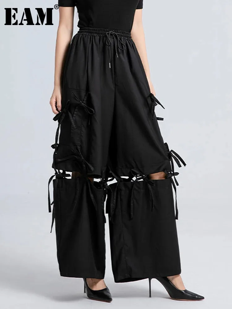 EAM Black High Elastic Waist Lace-up Hollow Out Ankle Length Pants New Trousers Women Fashion Tide Spring Autumn 2025 31A0986