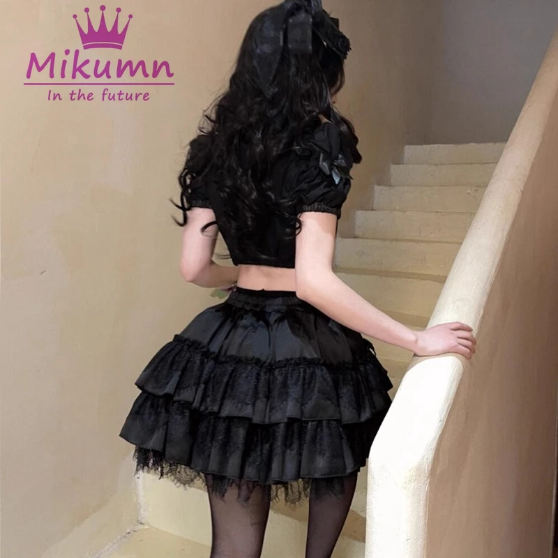 Mikumn Women Y2k Sweet Bow Lace Skirts Fairy Grunge Black White Pleated Cake Mini Skirts Harajuku Japanese Kawaii Lolita Skirts