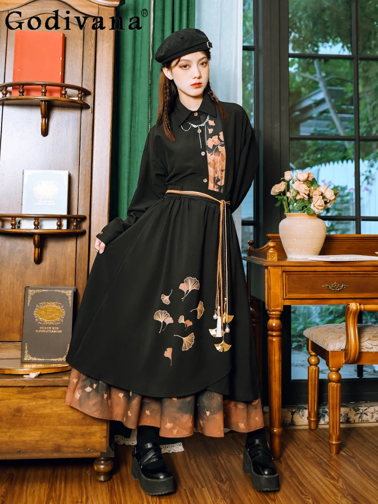 

Temperament Retro Print Chinese Long Sleeve Turn-down Collar Shirt Spring Autumn Girl High Waist A-line Fashion Irregular Skirt