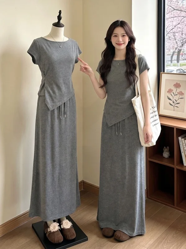 

plus Size Women's Summer Fashion Set Slimming Waist Short Sleeve Grey Two Piece Set Dress Casual Commute Style Comfortable Fit