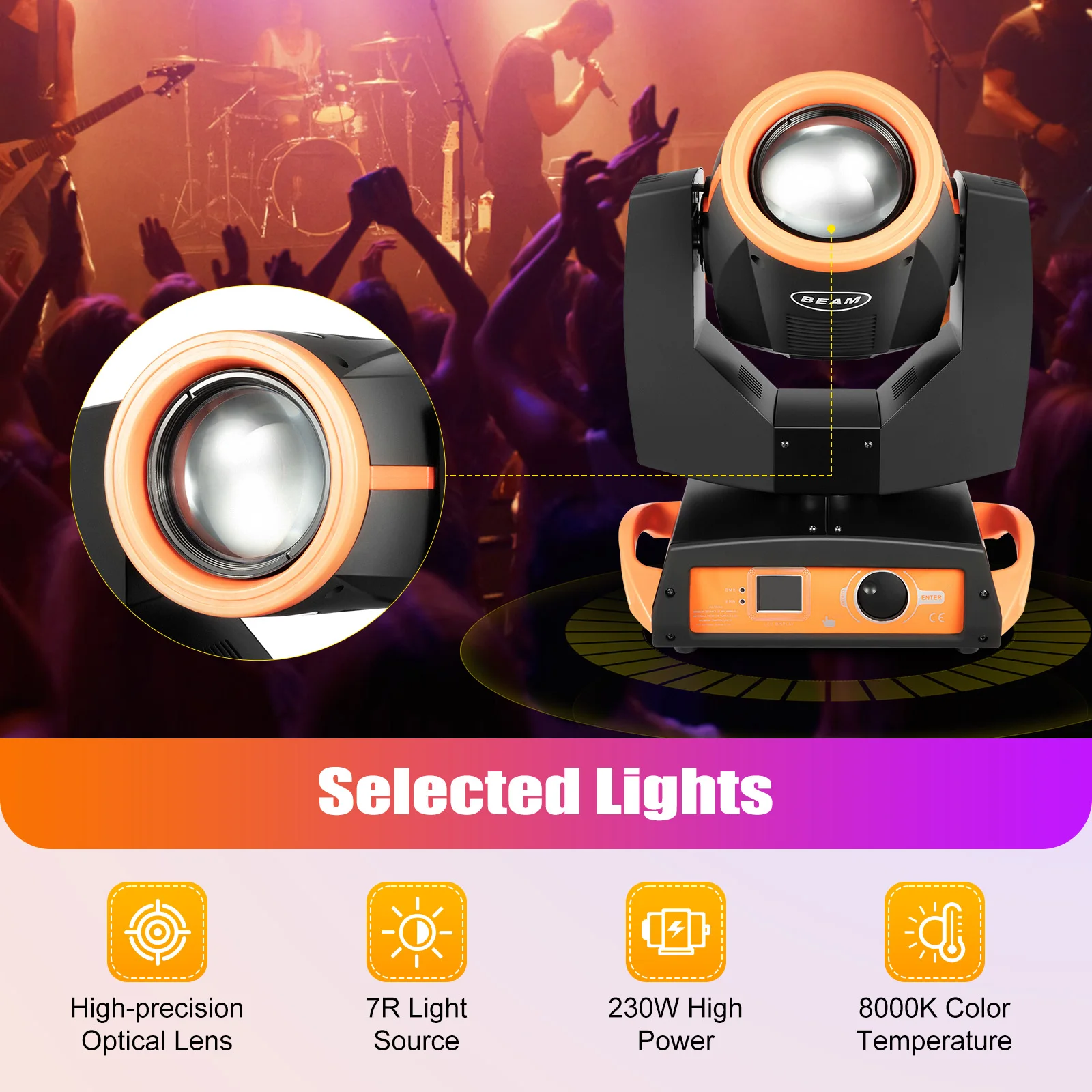 Moving Head Stage Light Black and Orange ABS 16 Channel Voice Control 300W Head Stage Light