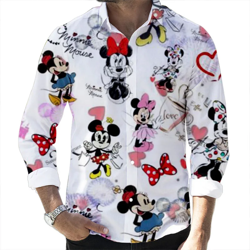 Fall New Disney Cartoon Casual 3D Printed Men\'s Long Sleeve Lapel Slim Fit Mickey Mouse and Winnie the Pooh Brand Men\'s Top