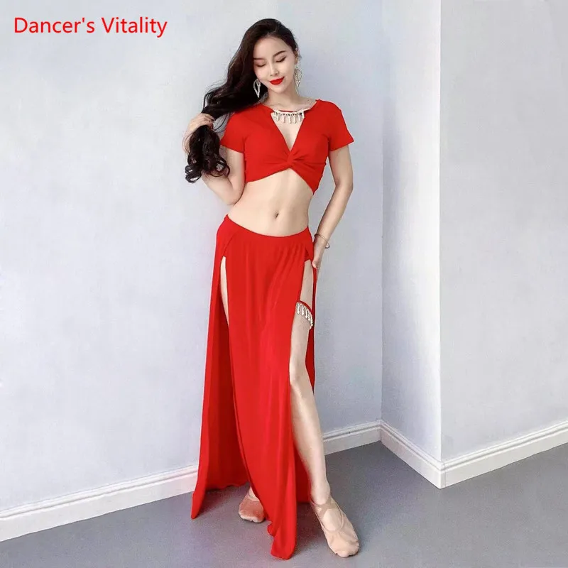 Belly Dance Suit V-Neck Leopard Print Top Split Skirt Performance Clothes Female Adult Elegant Competition Practice Clothing