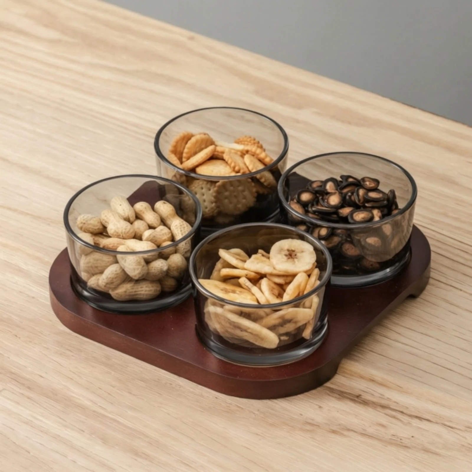 Snack Tray with Glass Cups Separated Wooden Snack Organizer with Bowls Serving Platter Organized Appetizer Dish Elegant