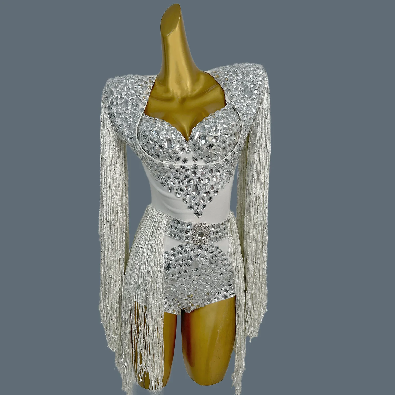 Showgirl Spandex Long Tassel Sleeved Bodysuit  Nightclub Party Stage Performance Wear  Latin Dance Team Sexy Outfit Baijingling