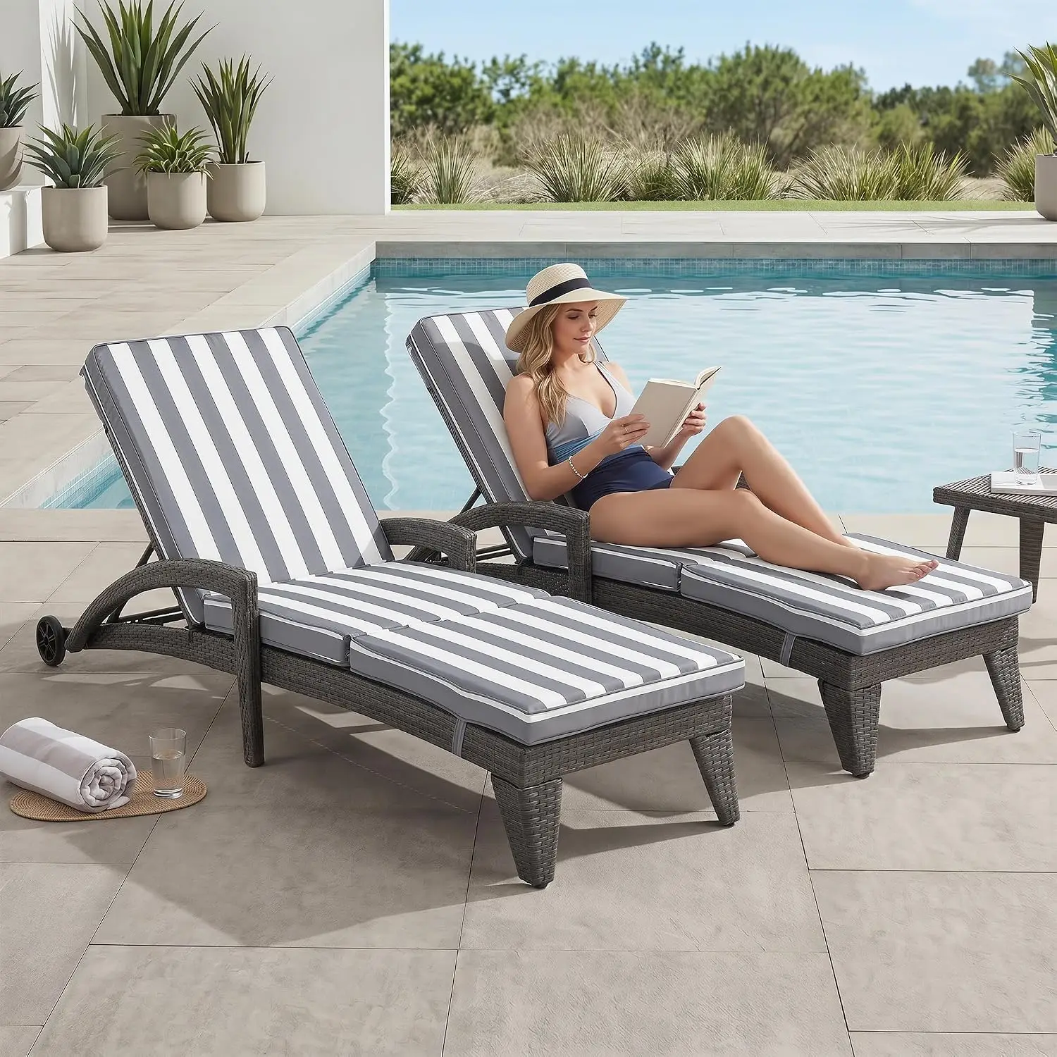 Patio Chaise Lounge Chairs Set of 2, Outdoor Recliner with Washable & Removable Cushions, 5-Position Adjustable, Customized