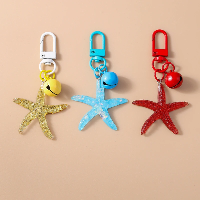 

Cute Resin Summer Beach Starfish Keychain Small Bell Key Ring Pendants for Women Girls Handbag Decor Jewelry Accessories