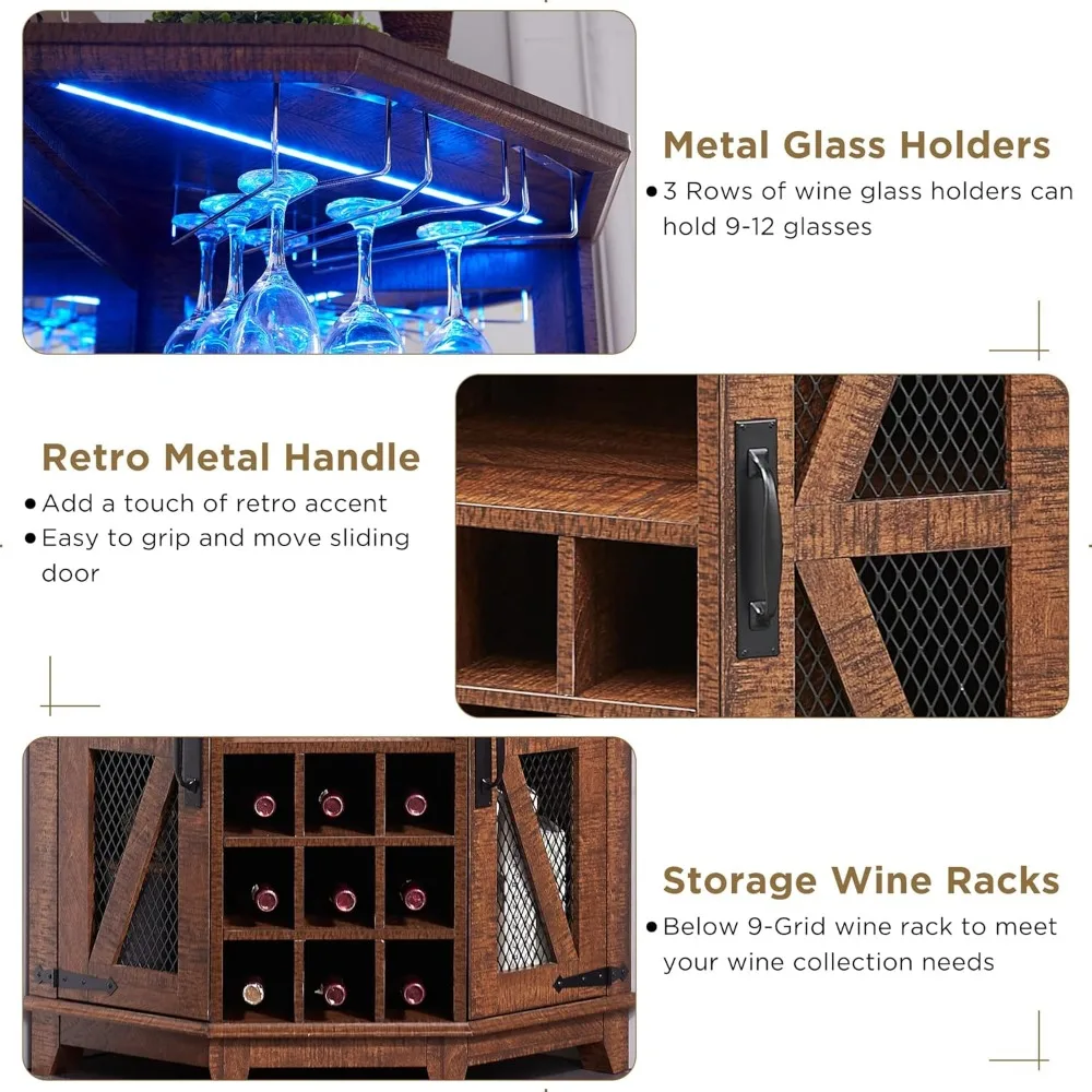 72 hoher Weinschrank im Bauernhausstil mit Schiebetür, verstellbaren Regalen, LED-Beleuchtung und Glasregal