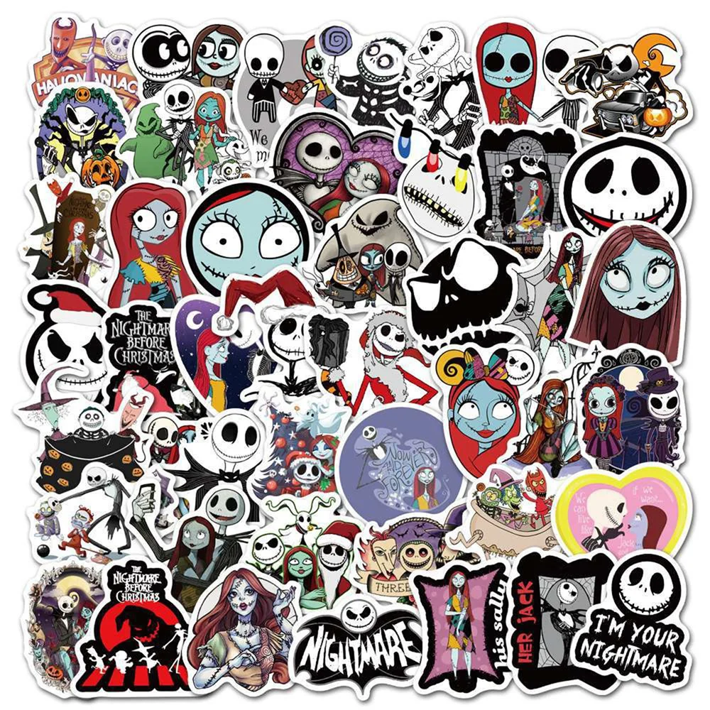 50 pegatinas divertidas de terror con diseño de dibujos animados de Disney, Nightmare Before Christmas, para guitarra, equipaje, fiesta, decoración de Halloween
