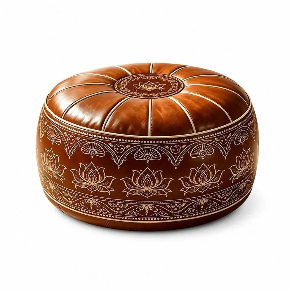 New PU Leather Fillable Ottoman Pouf Round Shape Moroccan Style Round Pouf Cover Embroidered Pattern Storage Ottoman Home Use