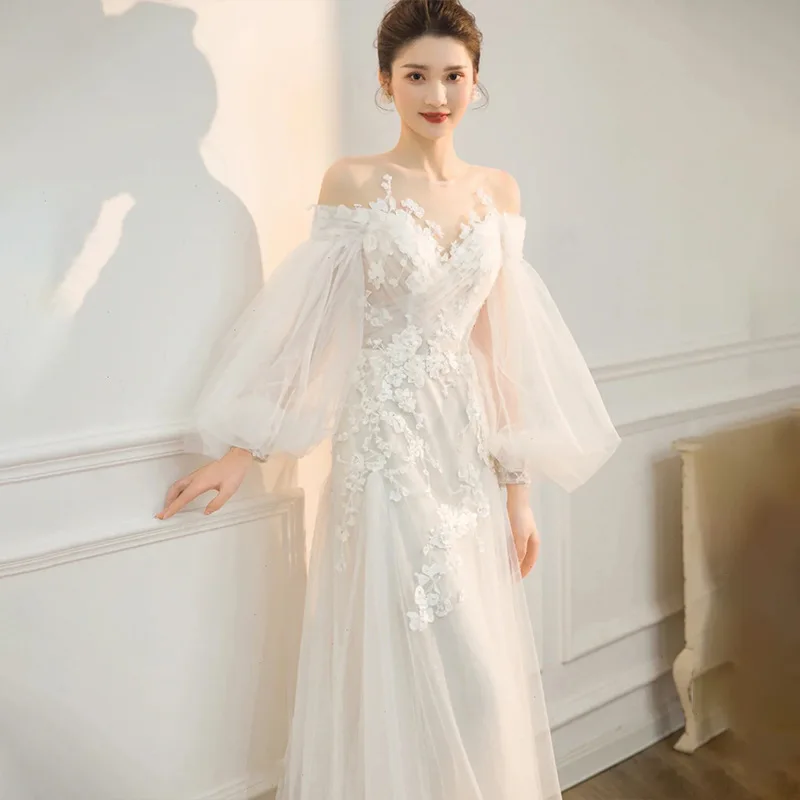 

Women Vestidos De Novia Female A-line Train Simple Gown Ladies Cold Shoulder Puffy Long Sleeve Wedding Dresses Flower Embroidery