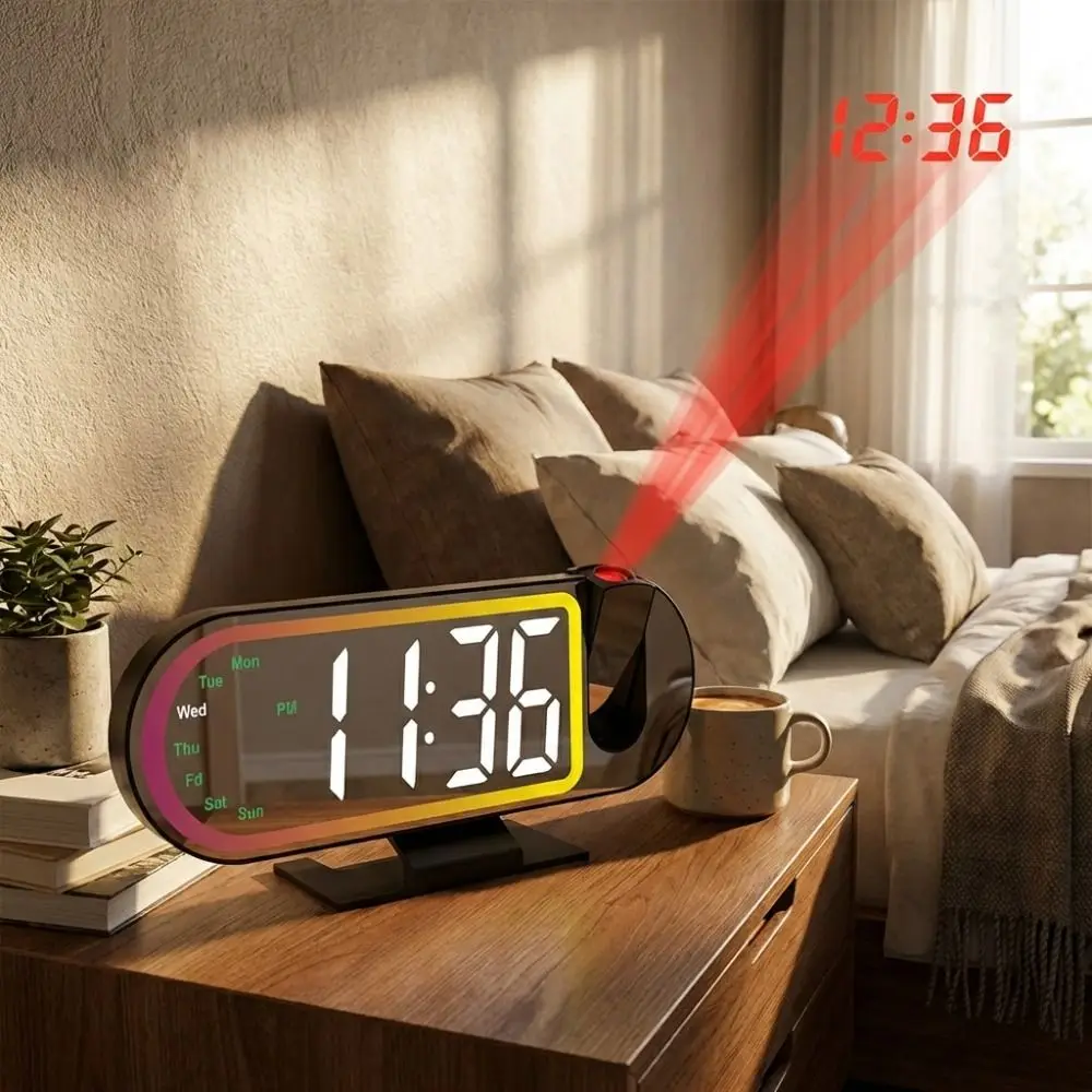 Large Screen Projection Alarm Clock Colorful Projection Temperature Digital Alarm Clock RGB Mood Light Intelligent Electronic