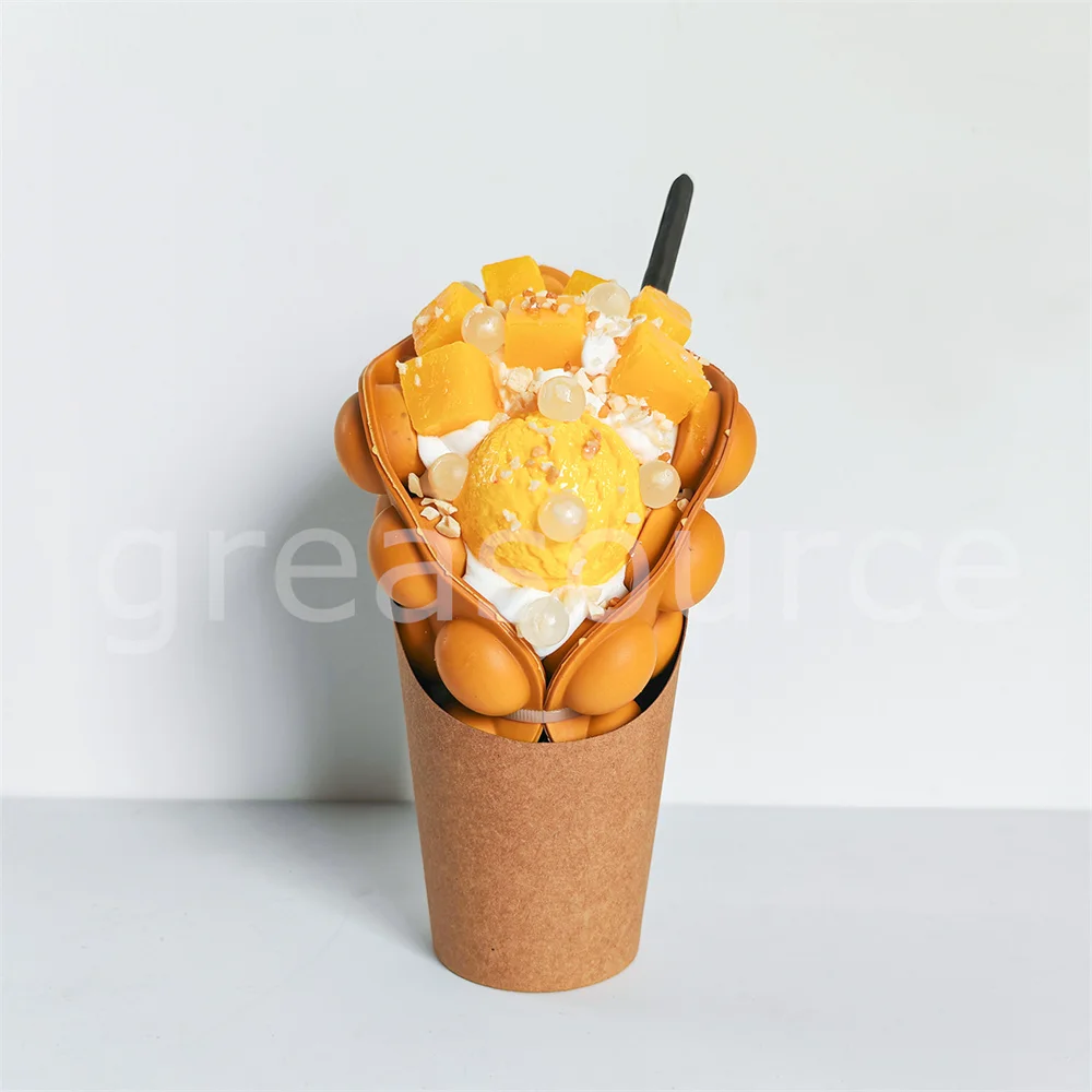 Cute Delicate Bubble Waffle Eggette Cake Cocoa Powder Sugar Sauce Chips Sprinkle Crispy Model Props Soft inside Ice Cream Milk - Image 6