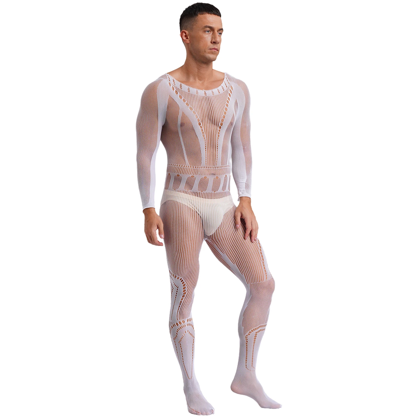 Tuta da uomo a rete Bodystocking tuta See-through scava fuori body a maniche lunghe body Sexy Lingerie Nightwear Clubwear per la festa