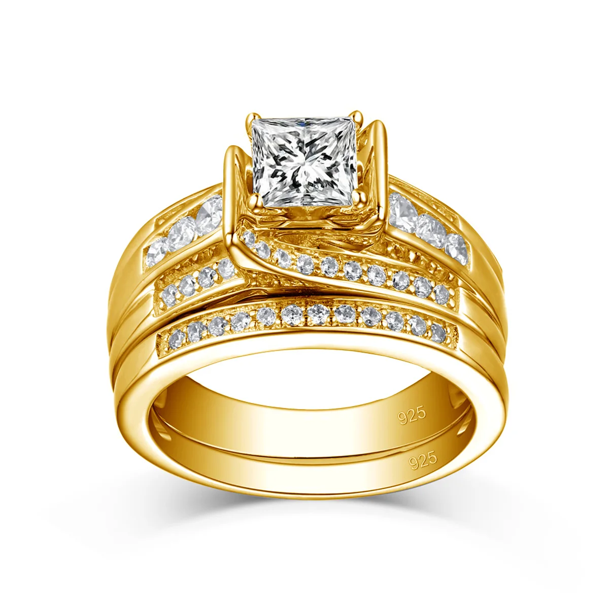 Szjinao Classic 2pcs Engagement Rings Sets For Women Yellow Gold Certified D VVS1 Princess Cut Moissanite Bridal Wedding Jewelry