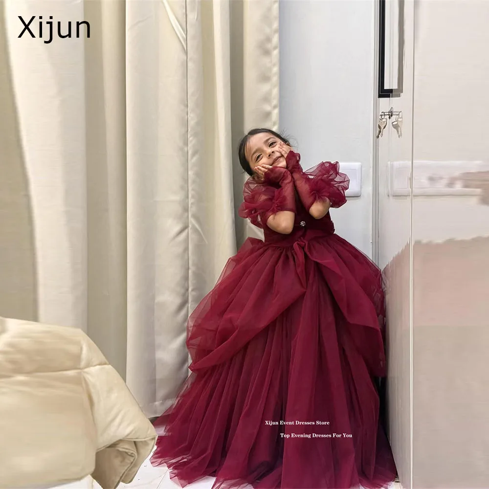 

Роскошные бордовые платья для девочек Xijun с пышными рукавами, бальные платья принцессы для девочек, с бантом и оборками, нарядные платья в дубайском стиле, на заказ