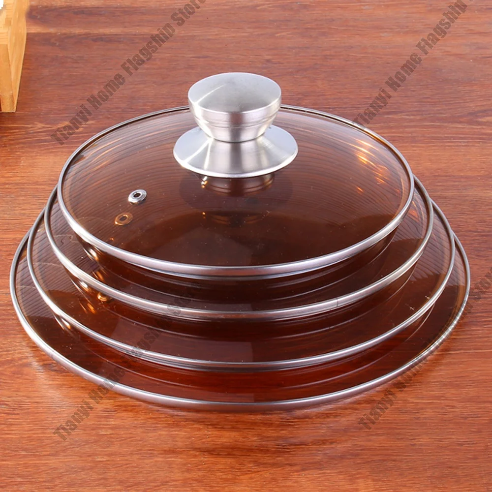 Tea color Glass Pot Lid Stainless steel Rimmed Pan Lid Spill Shatter-Proof Round Chef Glass Cover for Versatile Home Cooking Pan