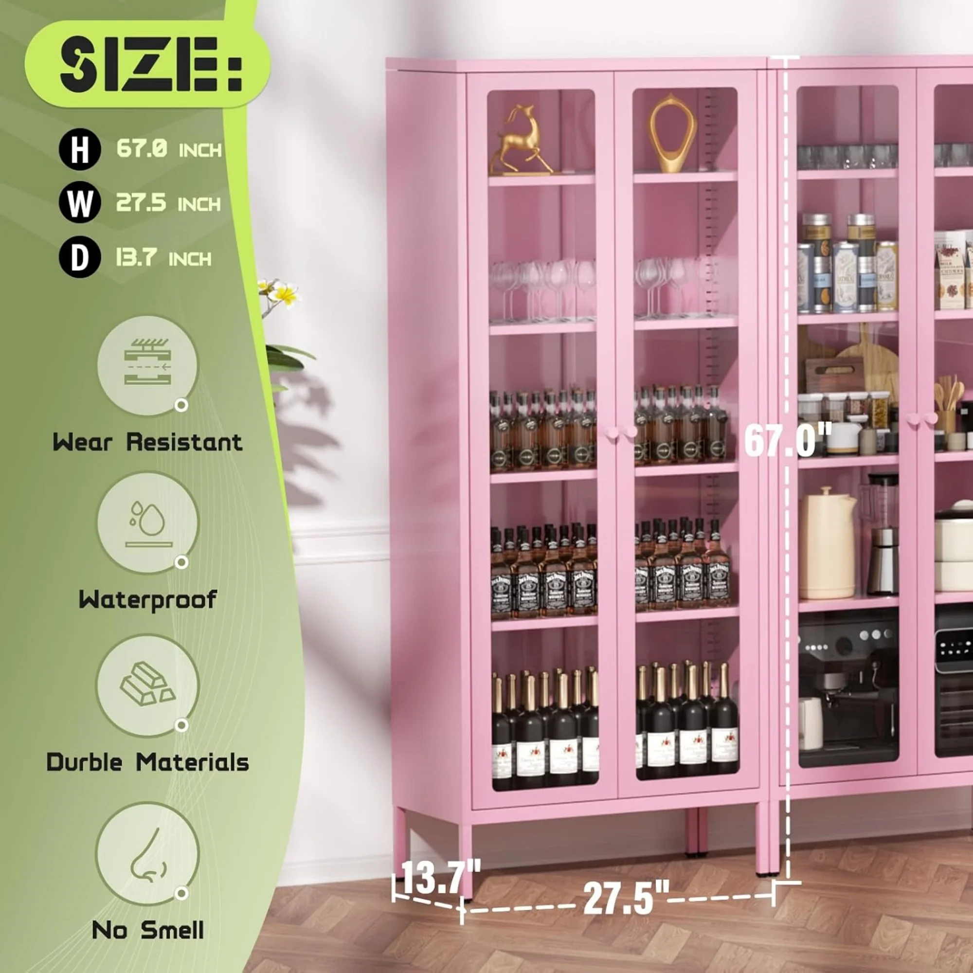 67" Metal Glass Display Cabinet, Storage Cabinet for Collectibles, Curio, China, Books, Display Case with Glass Doors and 4 Adjustable Shelves for Home Office, Living Room, Pantry (P - view 2