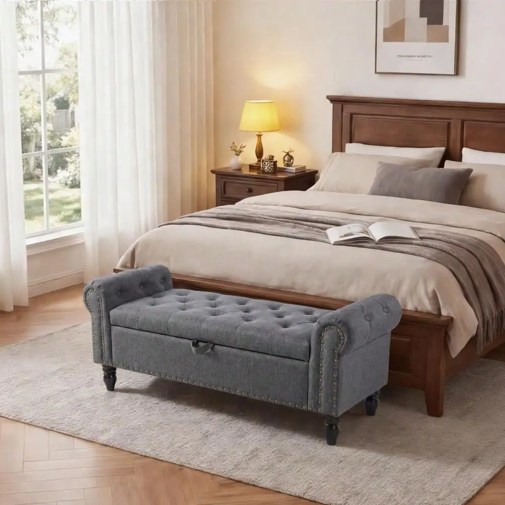 Gaderth Storage Ottoman,Upholstered Ottoman Bench,Bedroom Storage Bench,End Of Bed Bench With Button Tufted Design And Rolled Arms,Entryway Bench With Safety Hinge For Living Room Closet