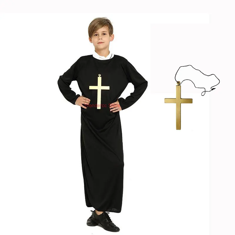 Traje do tema do Dia das Bruxas para meninos e meninas, freira Cosplay, Chefe Venha, Deus Pai, Sacerdote Robe, Manto, Colar Cruz, Feiticeiro, Dia das Bruxas