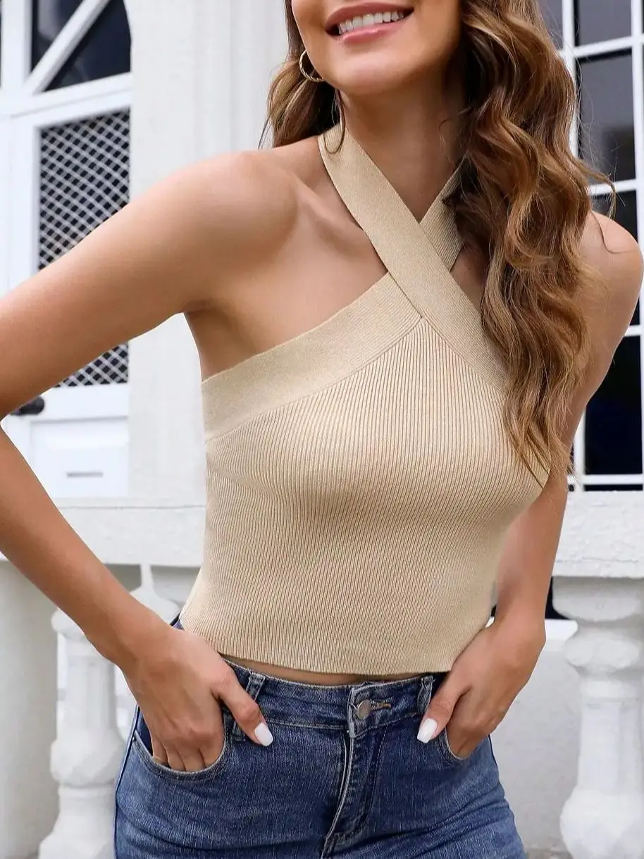 

Womens Criss Cross Halter Sweater Vest Tops Summer Sleeveless Pullover Casual Lightweight V Neck Knit Y2K Tank Top