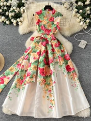 France Elegant Vintage Palace Evening Dress Women Print Sashes Sleeveless Long Party Dress Female Casual Chic Festival Clothing