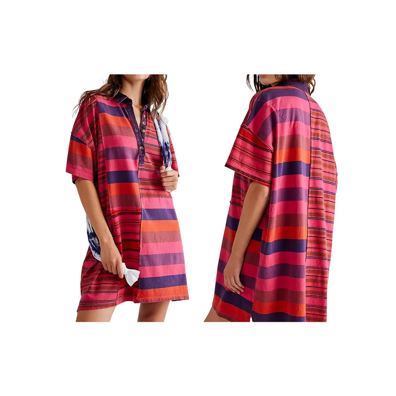 A83F-Women Contrast Striped Babydoll Y2k Summer Patchwork Mini T- Shirt Vintage V Neck Short Sleeve Dress