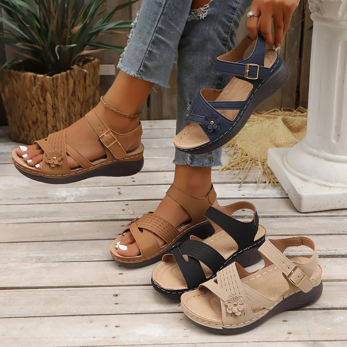 Damen-Sandalen mit Blumenmuster, Knöchelriemen, Keilabsatz, Schnallenverschluss, offener Zehenpartie, Plateau, bequeme orthopädische Sommer-Freizeitschuhe für den Strand – Detail 7
