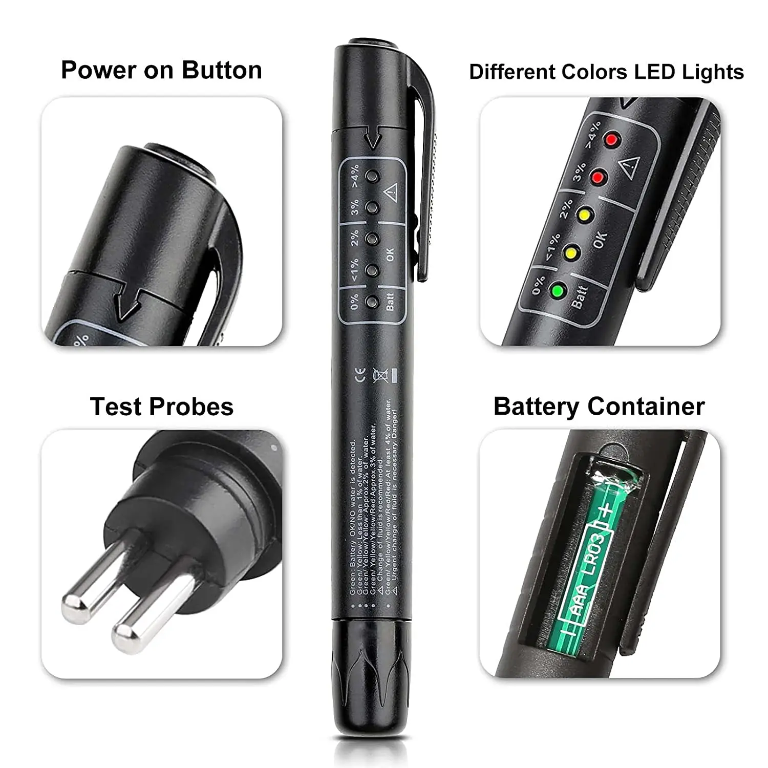 جهاز اختبار سائل الفرامل المتقدم لـ DOT3/DOT4/DOT5 قلم اختبار زيت الفرامل مع مؤشر 5LED كاشف رطوبة زيت السيارة