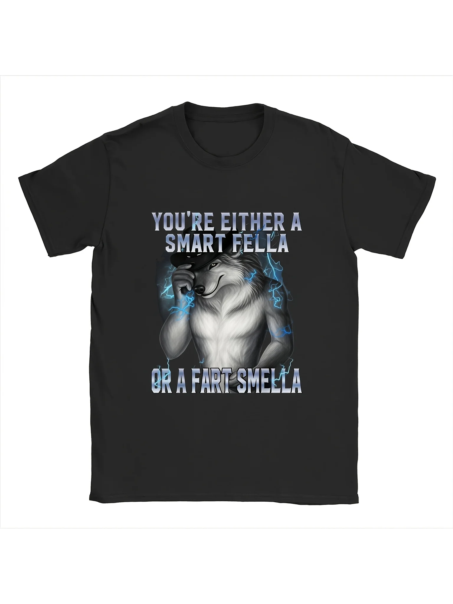 Men'S Funny Alpha Wolf Meme T-Shirt- You'Re Either a Smart Fella Or a Fart Smella Saying- Black Graphic Tee with White Text- Casual Everyday Shirt for Parties, Gifts Wolf Lovers- Regular