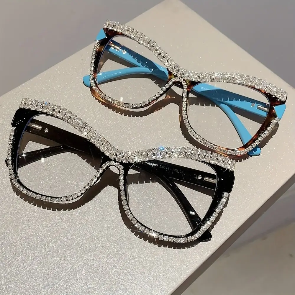 

Convenient INS Rhinestone Glasses Luxury Fashion Large Frame Eyewear Lightweight Elegant Anti-Blue Light Glasses Travel
