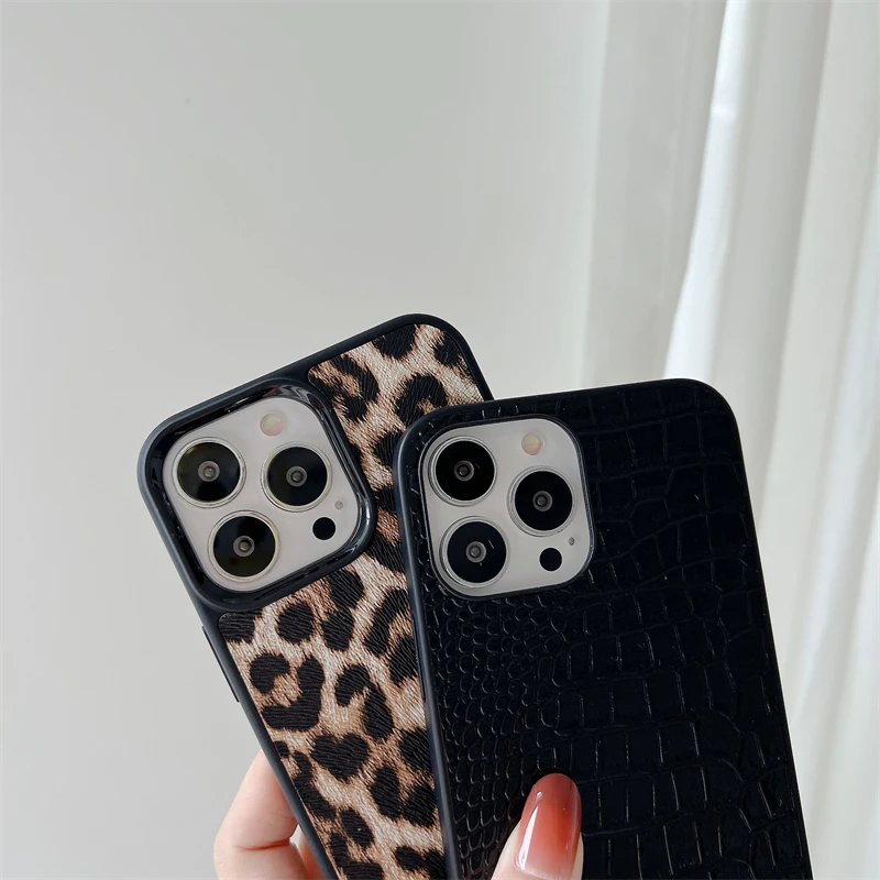 3D Luxury Leopard Snake Crocodile Metal Label Phone Case Protect for iPhone 15 13 12 11 14 16Pro Max XS XR Texture Leather Cover