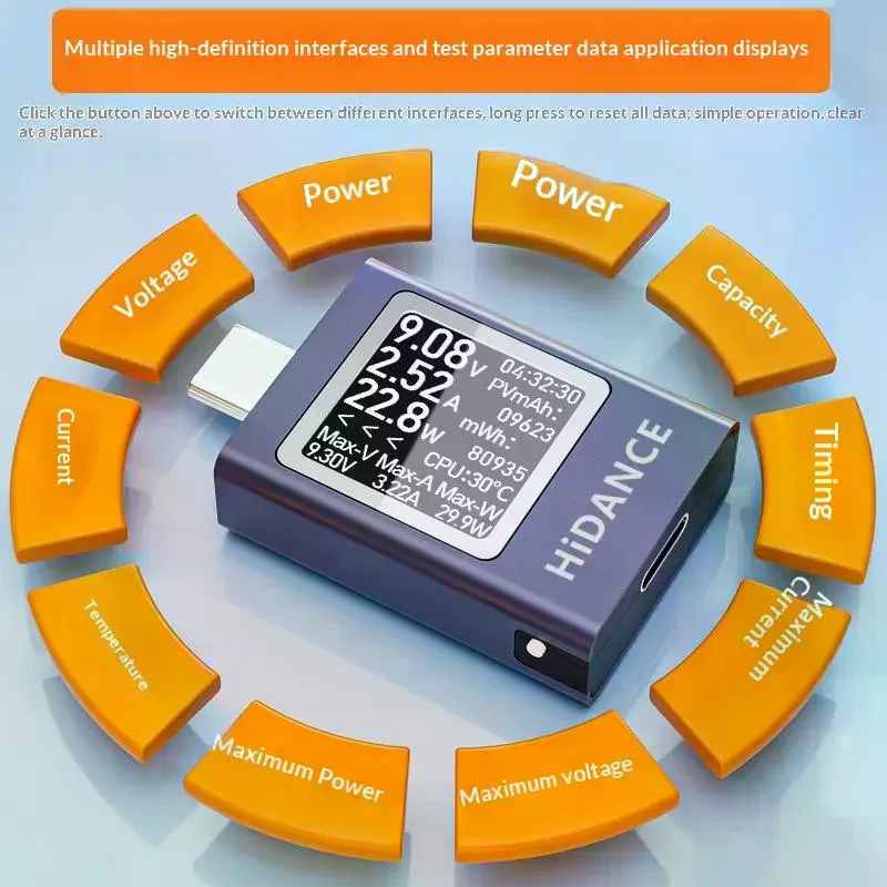 

Многофункциональный цифровой дисплей постоянного тока 4,5-50 В 0-12 А, амперметр напряжения постоянного тока, измеритель мощности Type-c, тестер зарядки сотового телефона