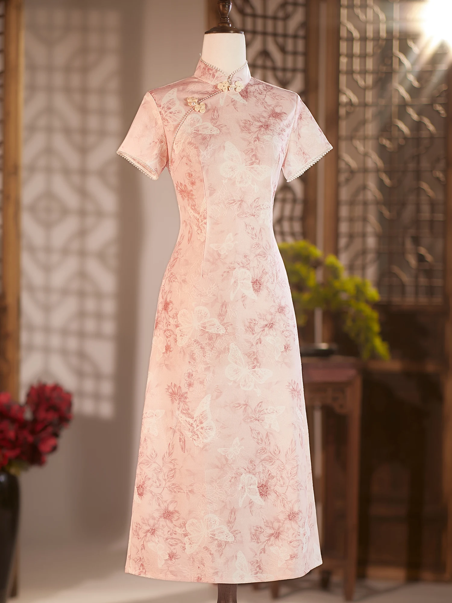 

Розовая винтажная юбка-трапеция Ele в стиле ретро с цветочным принтом, из смесового полиэстера, с коротким рукавом, в стиле ципао