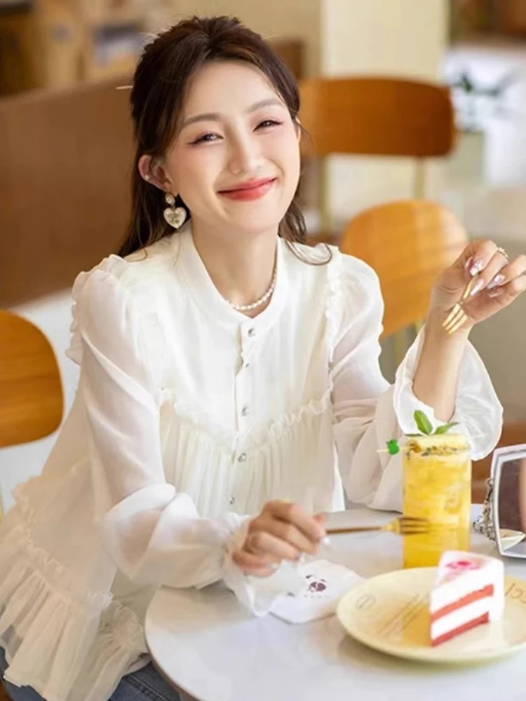 

Ele Gentle Sle Long Sve шифоновый топ свободного покроя универсальный Wood ain Sweet для похудения осенний топ женская мода