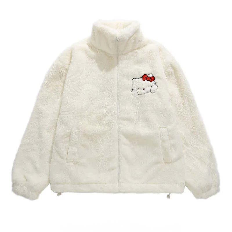 Hello Kitty American Style Retro Plush Cotton Coat Men Women Trendy Cartoon Embroidery Cute Soft Thick Warm Jacket Couple Jacket