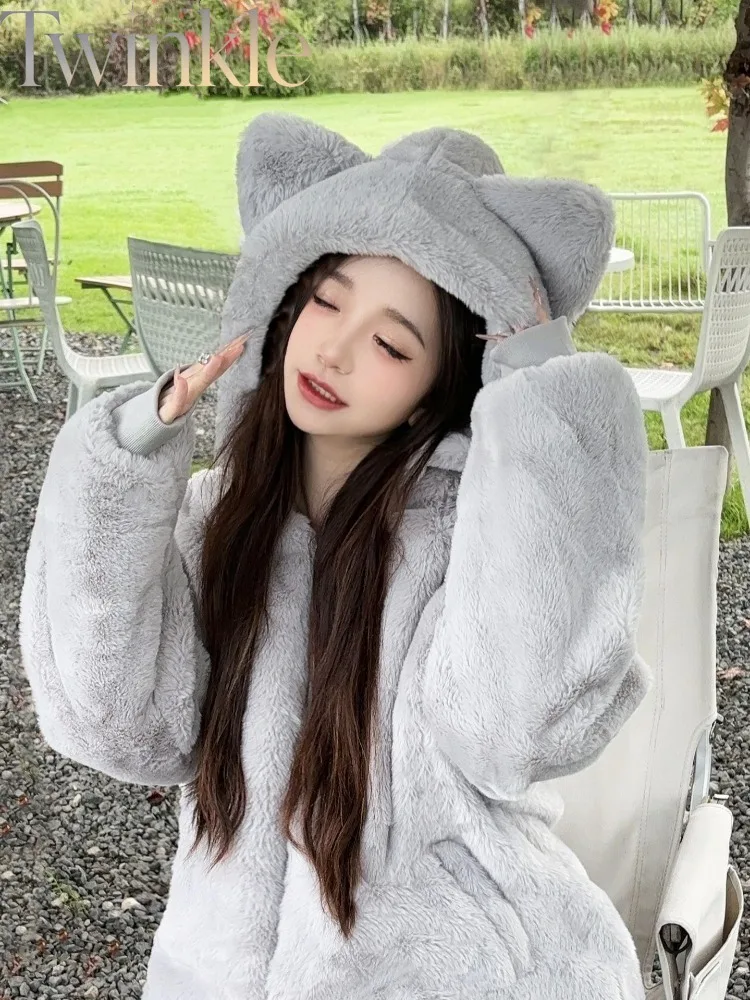 Cat Ear Plush Coat Kawaii Japanese Sweet Fleece Hooded Jacket Women Winter Thick Warm Faux Fur Padded Outerwear