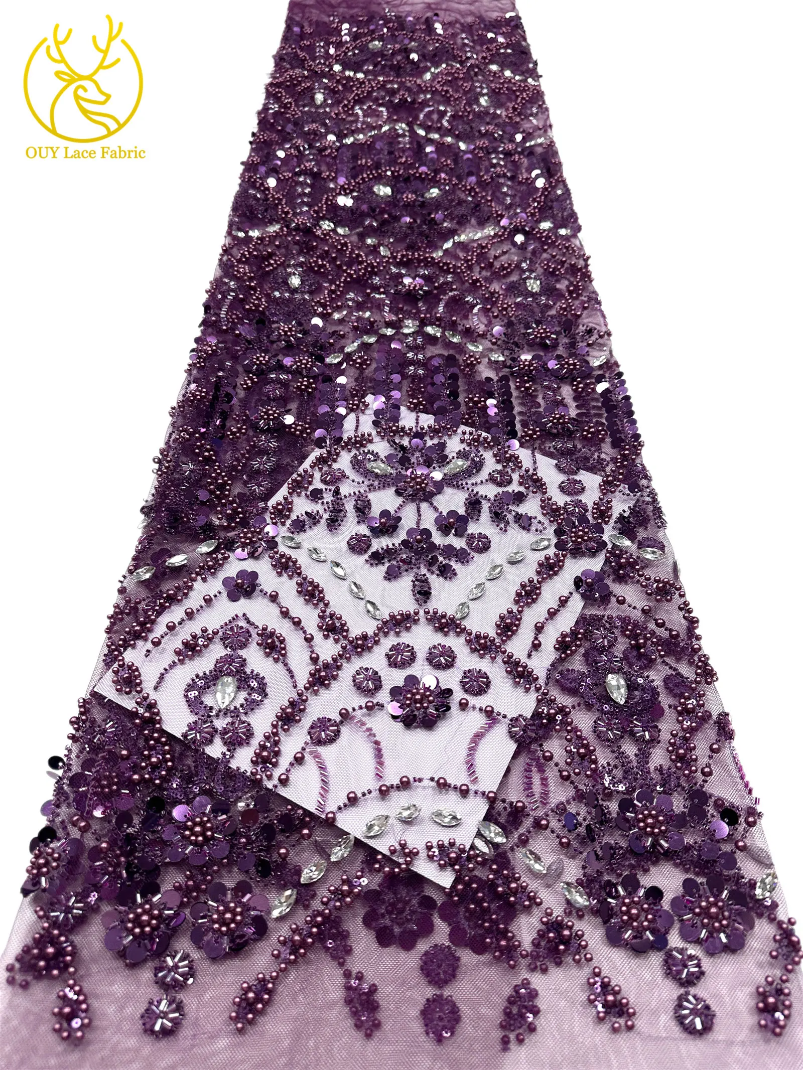 Afrikanischer Spitzenstoff in Traubenlila, französische Pailletten, bestickte Spitze, glitzernde Strass-Spitze für Brautkleider zum Nähen – Detail 19