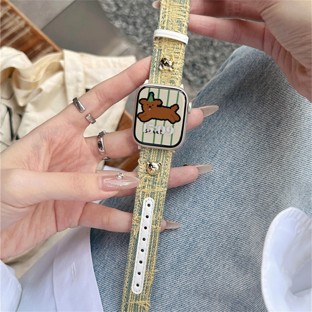 สายหนังยีนส์ลายหมี3D น่ารักสำหรับสายคาด Apple Watch 9 8 7 6 3 5 4 2 SE สำหรับ iWatch ultra 49 45 42 44มม. 40 41 38