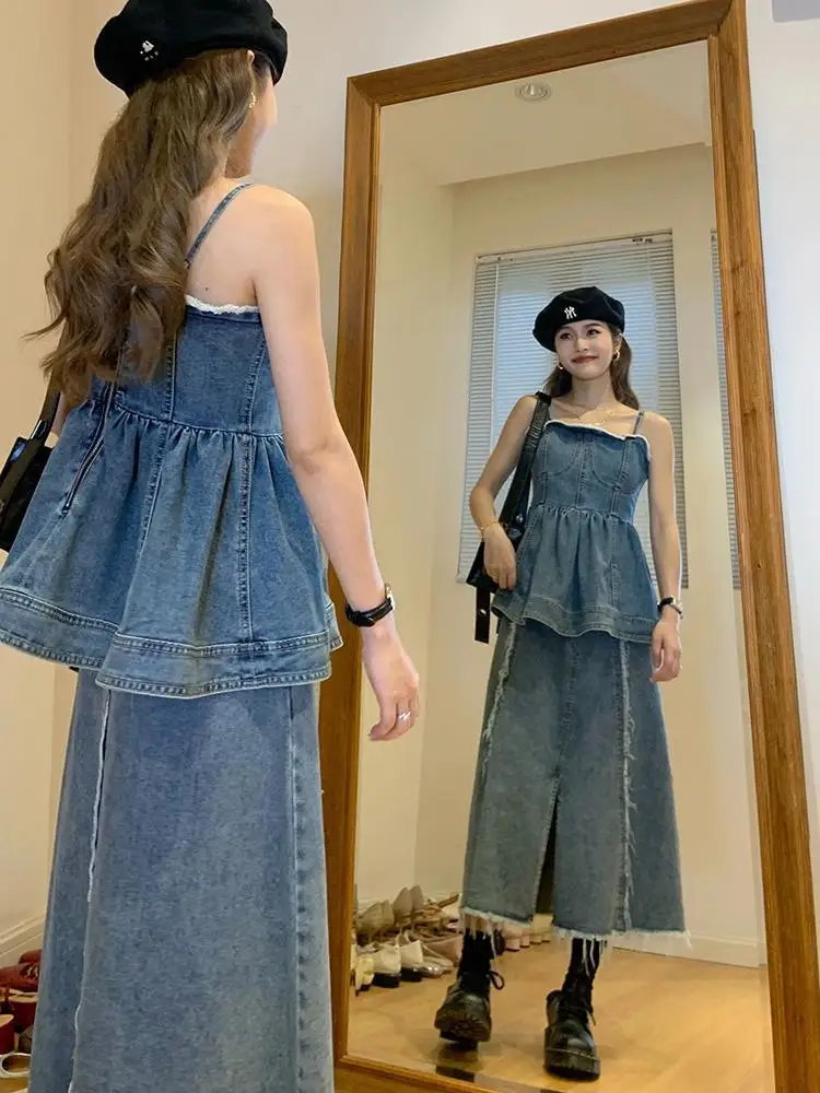 2024 New Chinese Style Denim Fashion Set for Women's Summer Strapless Suspender Tank Top with Fur Edge Skirt