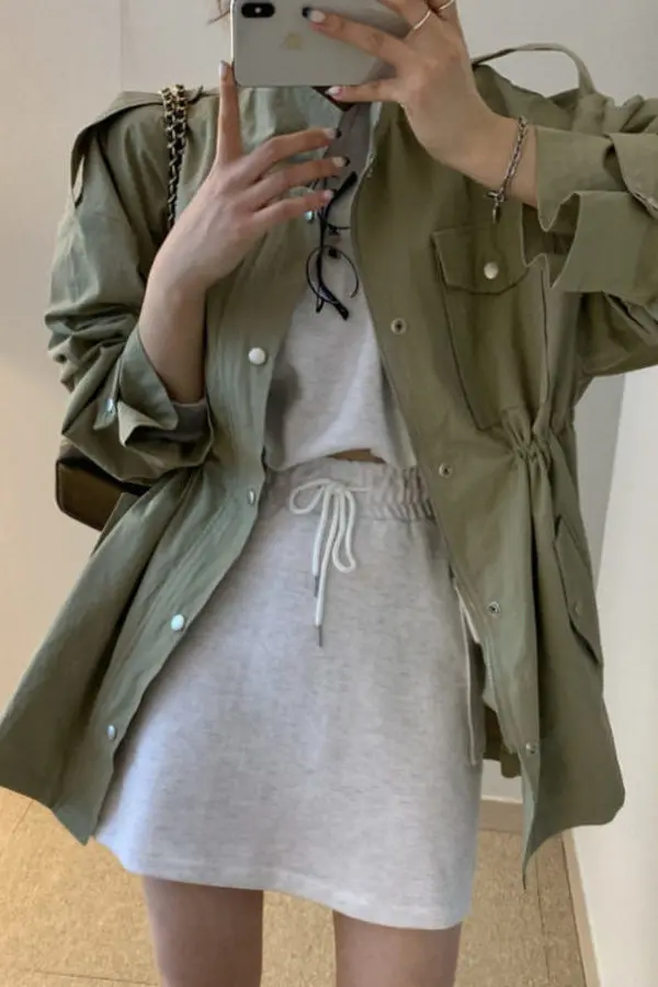 

Casual Coats Hooded Trench Coat High-Grade Cotton-Blended Sensibility Blocking Wearable Grace Regular Contrasting Waistbelt