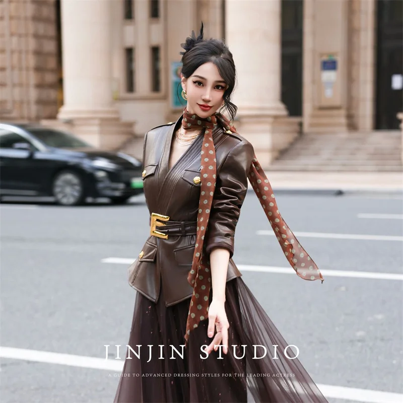 Leather Jacket Women's Jackets Spring and Autumn  Cardigan Ladies' Senior Leather Coat Waist Temperament Design Sense Coat Tide