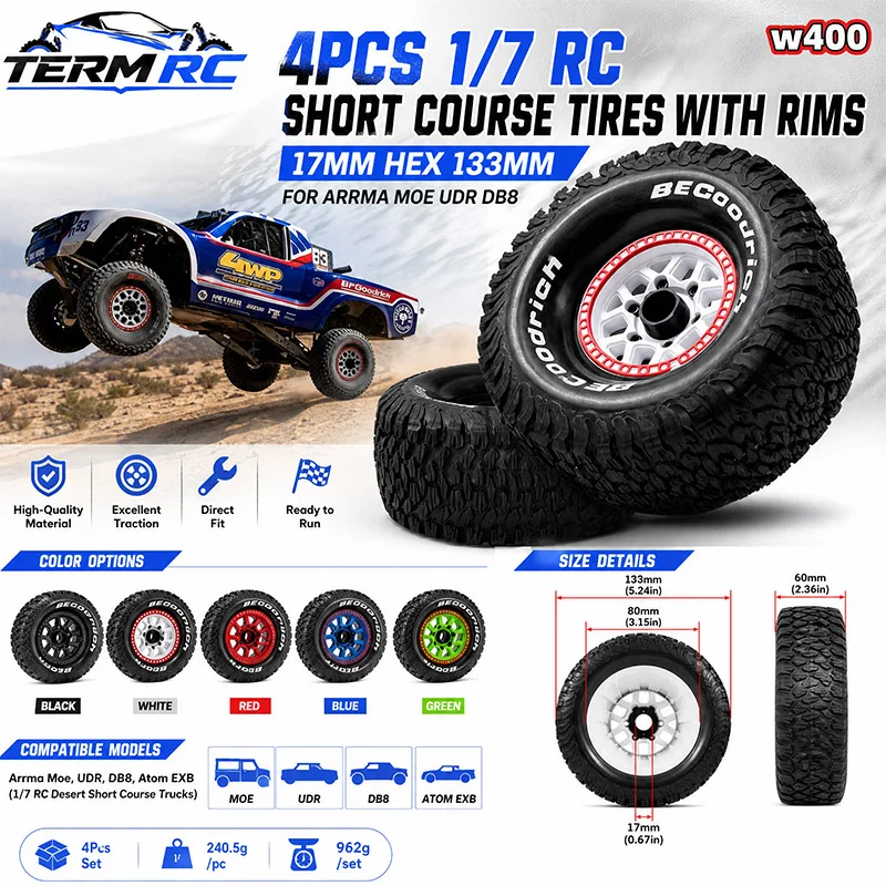 4Pcs 1/7 RC Short Course Tires with Rims 17mm Hex 133mm for Arrma Mojave UDR DB8