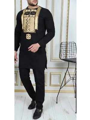

Men's luxury fashion casual black geometric print two-piece set