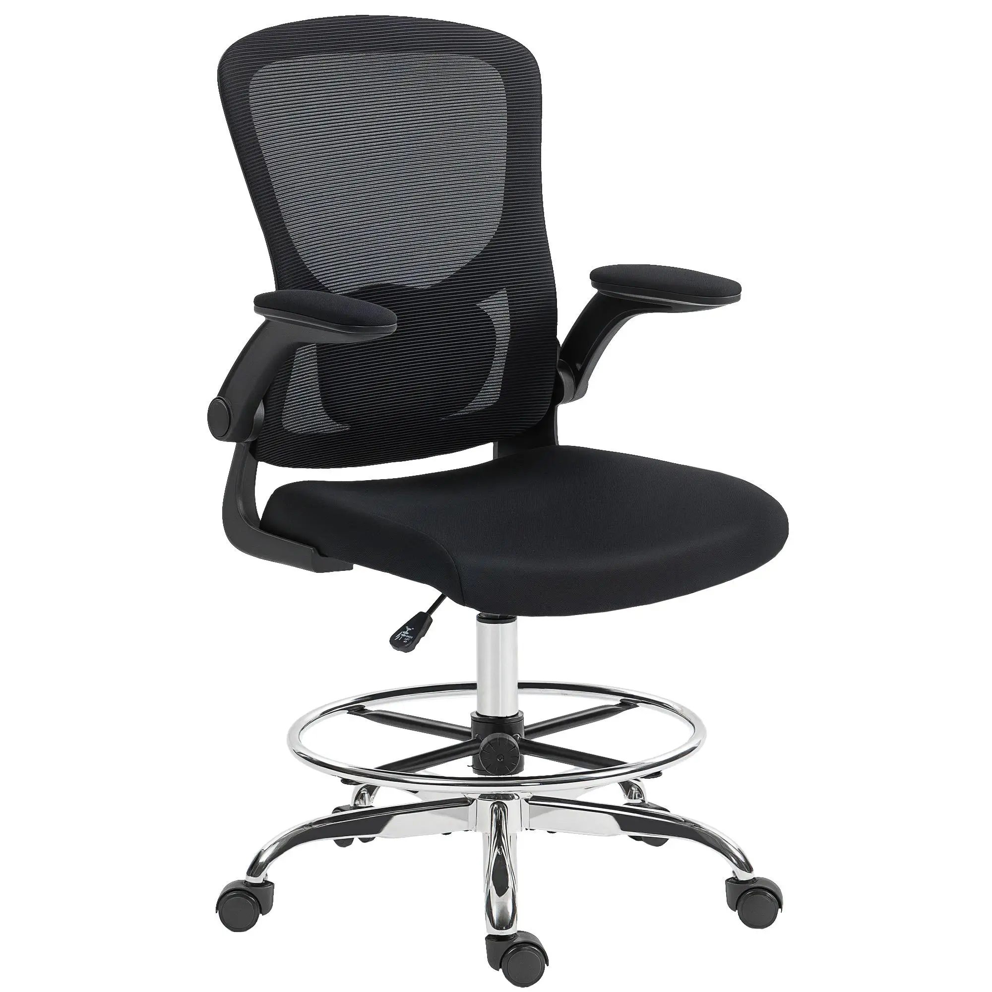 Chaise de dessin ergonomique avec support lombaire 4D, hauteur réglable 53-78 cm, accoudoirs pliables, Noir