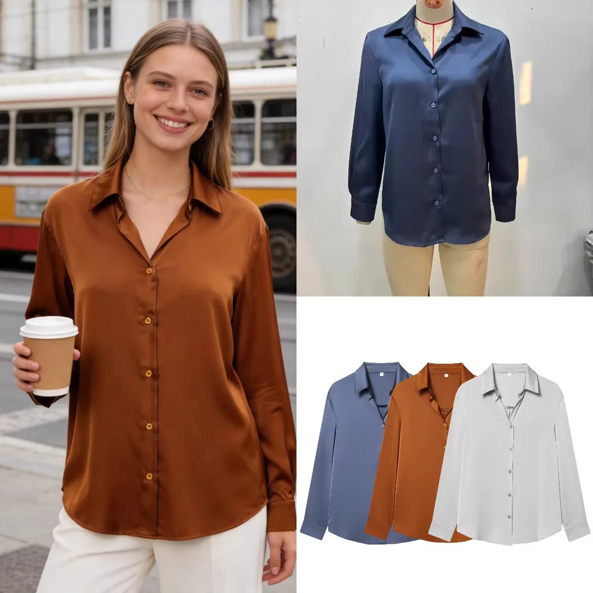 

Женский повседневный универсальный топ, осенне-зимняя модная офисная рубашка с атласным воротником, высококачественная однобортная однотонная блузка